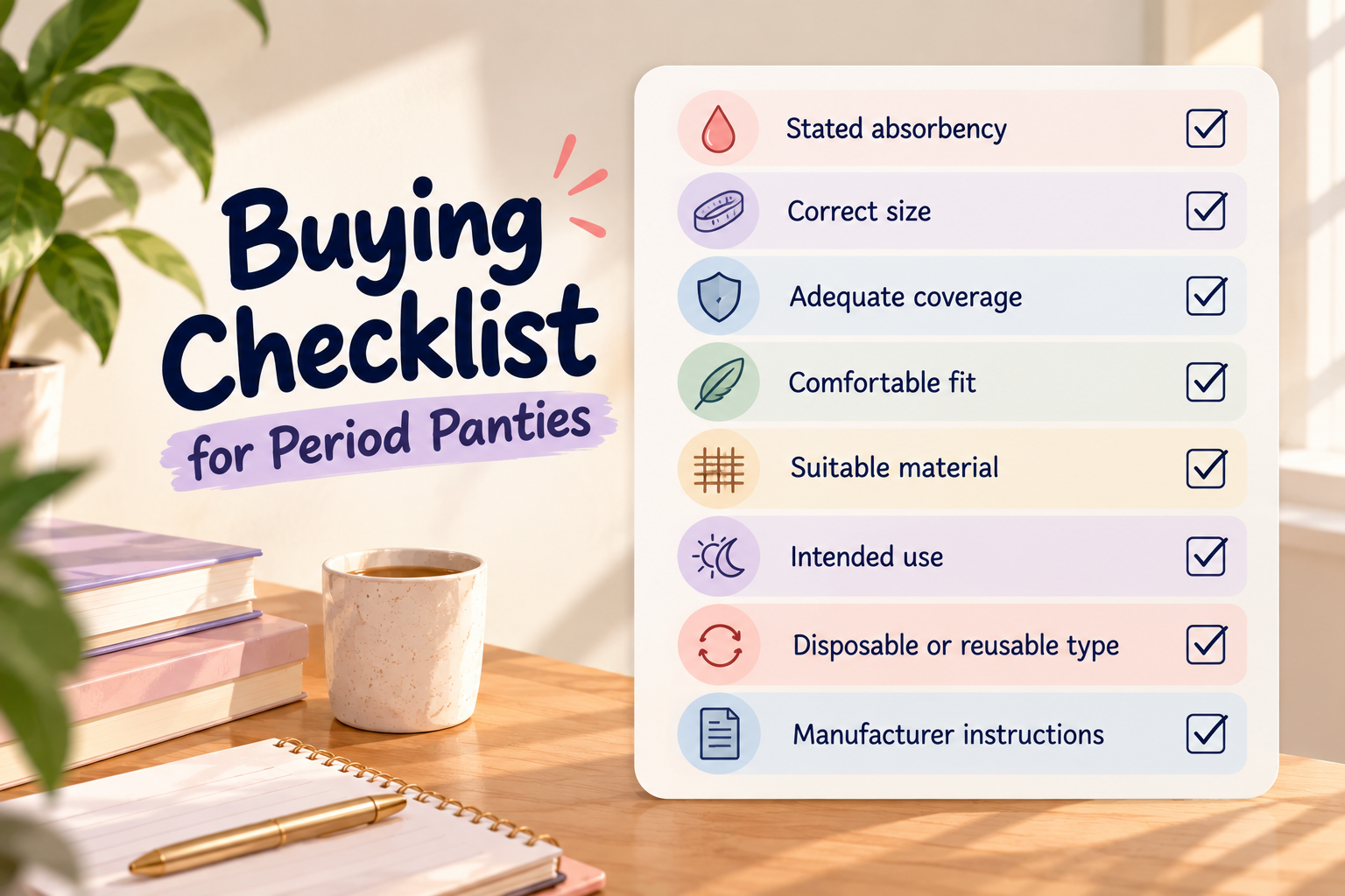 Buying checklist for period panties: flow, absorbency, coverage, size and fit, materials, and disposable vs reusable